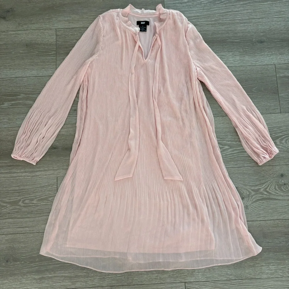 DKNY Womens Pink Tie Neck Long Sleeve Classic Look Pleated Swing Dress Size 12 - Picture 2 of 14